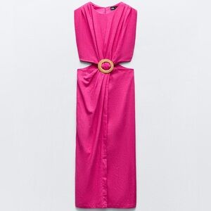 NWT ZARA LINEN BLEND CUT OUT RASPBERRY HOT PINK DRESS WITH BUCKLE MEDIUM MAZENTA